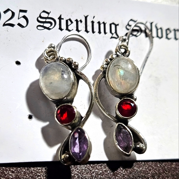 Moonstone Garnet & Rose Quartz Gemstone Earring 925 Sterling Silver - Picture 5 of 7